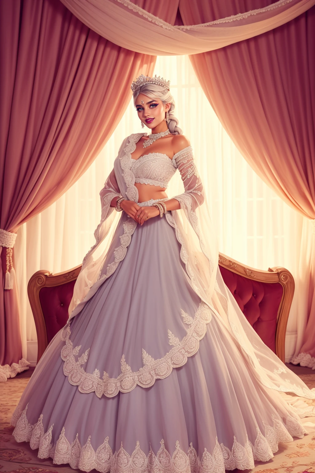 beautiful adult European:1.2 woman, solo, smile white hair (French braid crown:1.2), [lavender sprigs] <lora:BPL3-52:0.7> vibrant colors, blue:1.2 lehenga , ((dupatta scarf shawl)), dr3ss, layered embroidery, embroidered top, organza, lace, standing, choker ,see-through sleeves, long sleeves,  eyeliner, eyeshadow, makeup, black lips  , Royal Victorian Bedroom, A grand four-poster bed draped in luxurious velvet, surrounded by ornate wallpaper and antique furnishings, exuding regal charm., high quality, best quality, high detail, 8k resolution, sharp focus, full body,