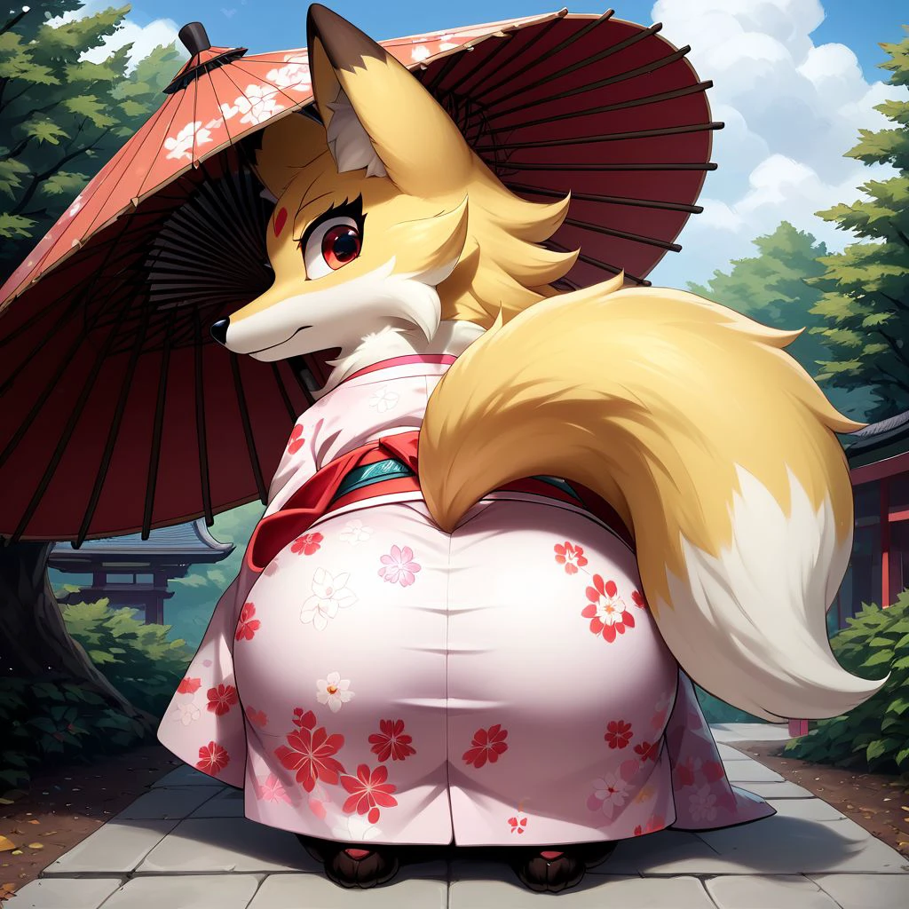 anthro, solo, feral, female, canid, fox, red_eyed_fox, yellow fur, clothes, looking back, wearing pink kimonos, holding Japanese traditional umbrella, fluffy fur, butt, big red eyes, big fox tail, big fox ears, white Japanese traditional hat, lakeside, score_9_up, score_8_up, score_7_up, source_anime