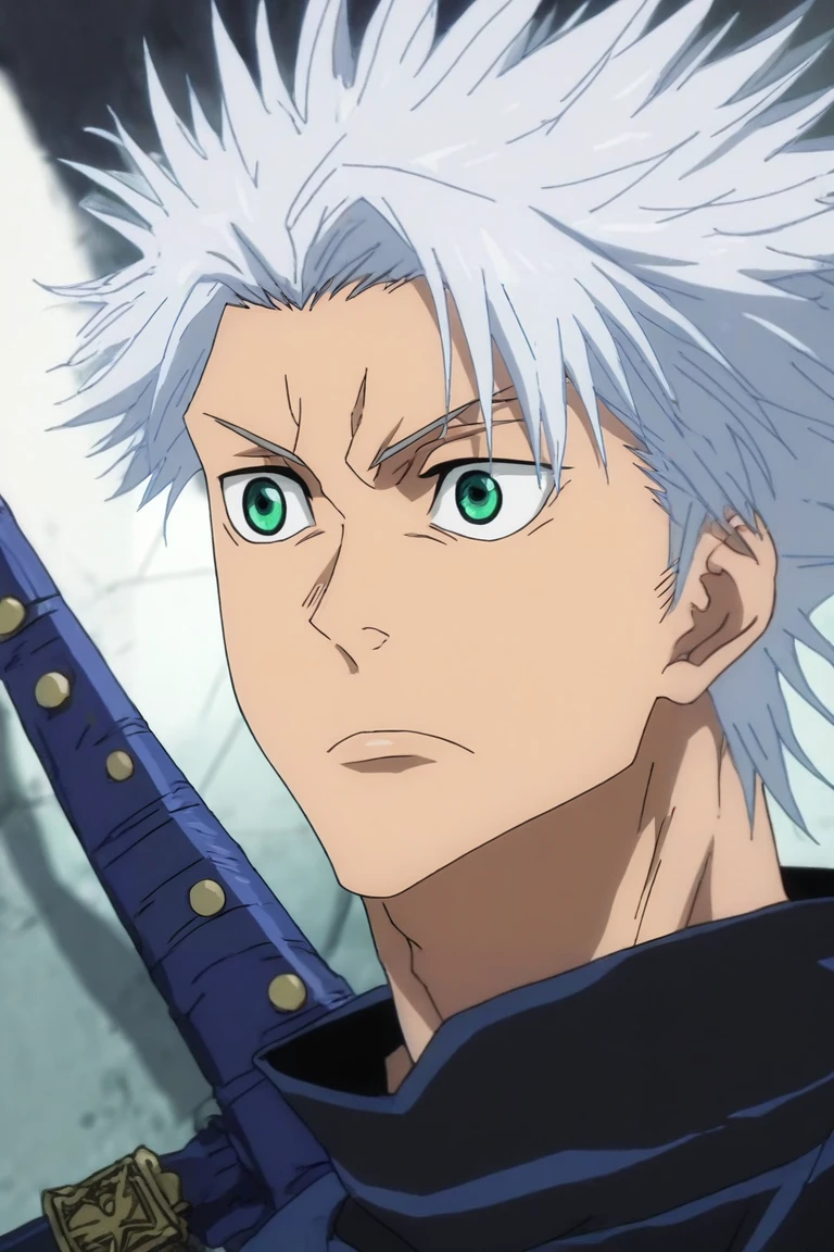 score_9, score_8_up, score_7_up, source_anime, rating_safe, , anime screencap, , , , upper body, , 1boy, male focus, <lora:toushirou_hitsugaya_pony:0.70>, toushirou_hitsugaya, white hair, green eyes, spiked hair, solo, weapon shop, <lora:jujutsu_kaisen_style_pony:0.98>, jujutsu_kaisen_style, <lora:sdxl_lightning_8step_lora:1>