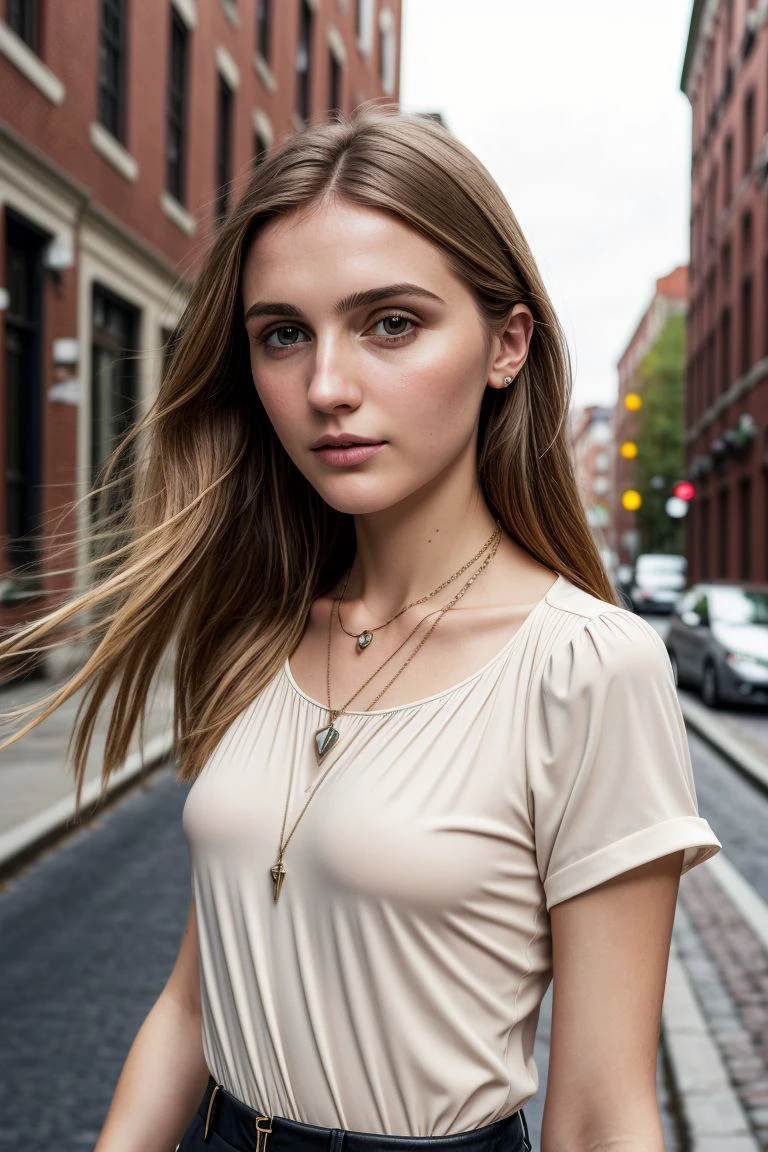 European woman, closeup, (shirt), pants, (streets of boston), cross necklace , ZM_isla, wide shoulders, perfect face, (contact iris: 1.1), pale skin, skin pores , depth of field
