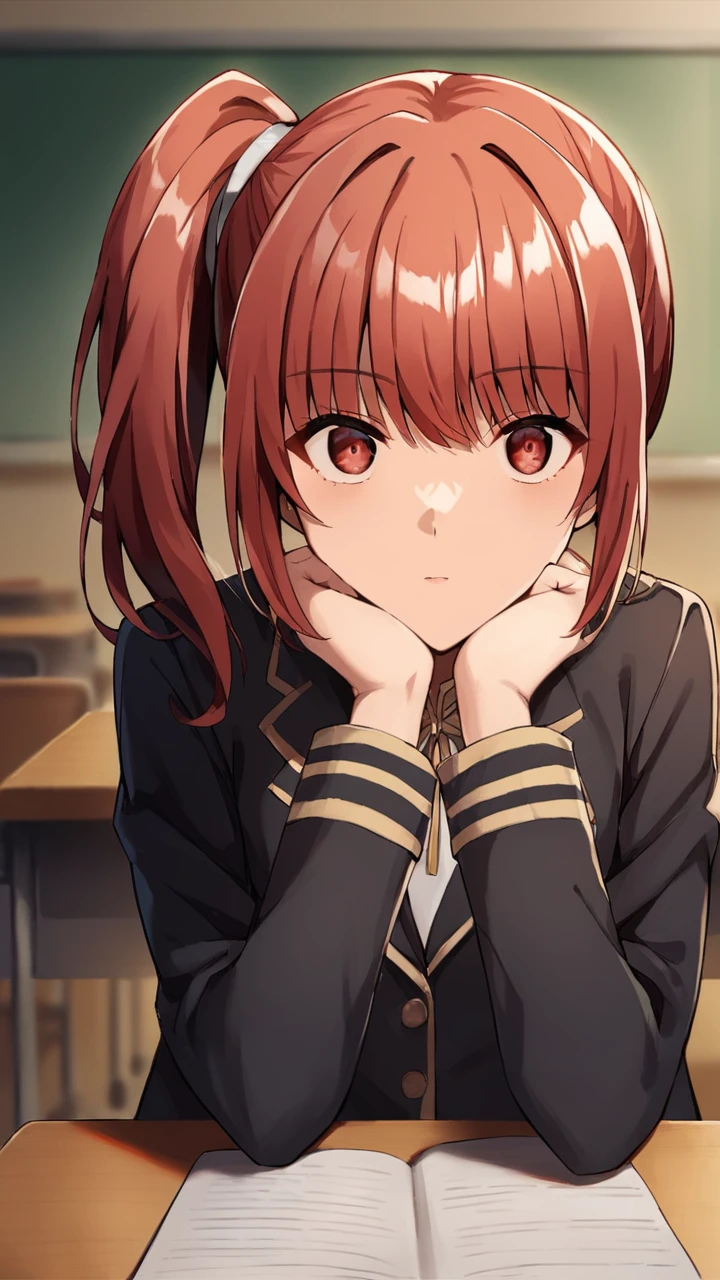 score_9, score_8_up, score_7_up, source_anime, rating_safe,
1girl, indoors, portrait, desk, hands under chin, looking at viewer,
<lora:Chastille_Lillqvist-soralz:0.9>, 1girl, chastille_lillqvist, red hair, side ponytail, red eyes, bangs,
school uniform, black jacket