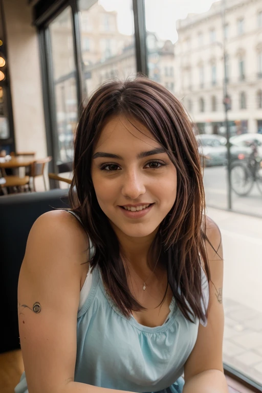 <lora:CherryPotter:0.8>, full color portrait of a young woman, having coffee at a posh cafe, smile, natural light, RAW photo, subject, 8k uhd, dslr, soft lighting, high quality, film grain, Fujifilm XT3