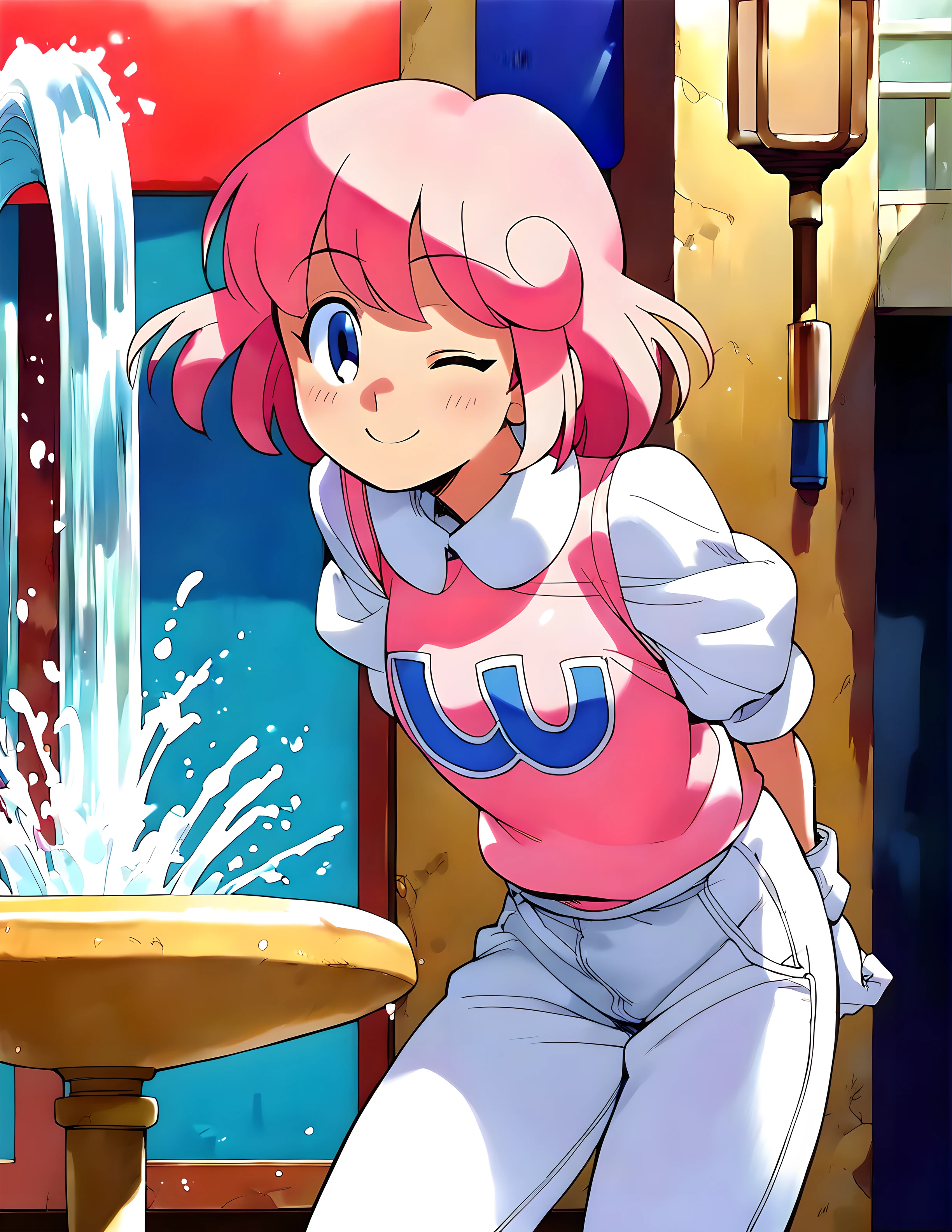 <lora:pony_xl_pastel:0.8>,pastel,score_9,score_8_up,score_7_up,source_anime,1girl,solo,looking at viewer,shirt,white puff sleeve,short sleeves,white gloves,white pants,smile,:d,one eye closed,light_blush,city,fountain,arms_behind_back,standing,leaning_forward,cowboy_shot,front view,