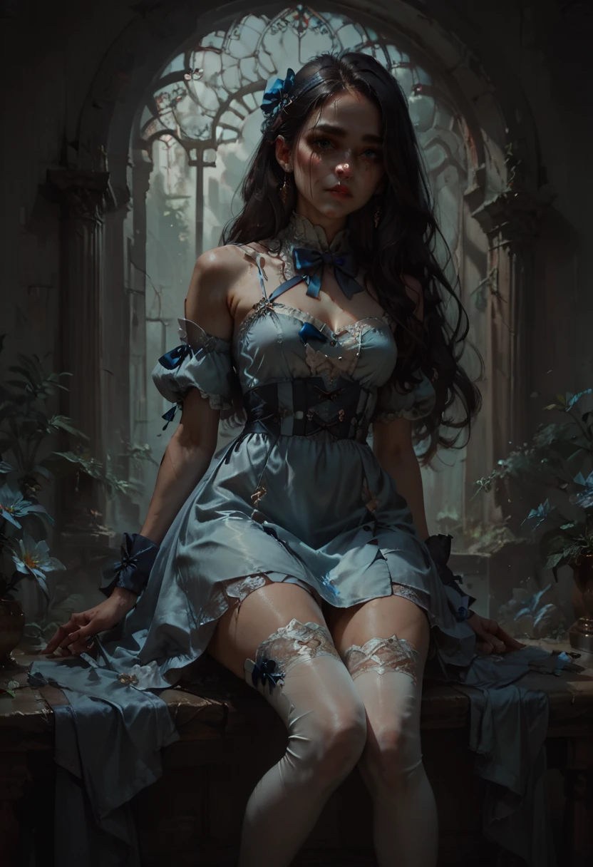score_9, score_8_up, score_7_up, score_6_up, score_5_up, score_4_up, 1girl, dark hair, long hair, blue bow in hair, light blue knee-length puffed sleeve dress, white thigh highs, looking at viewer