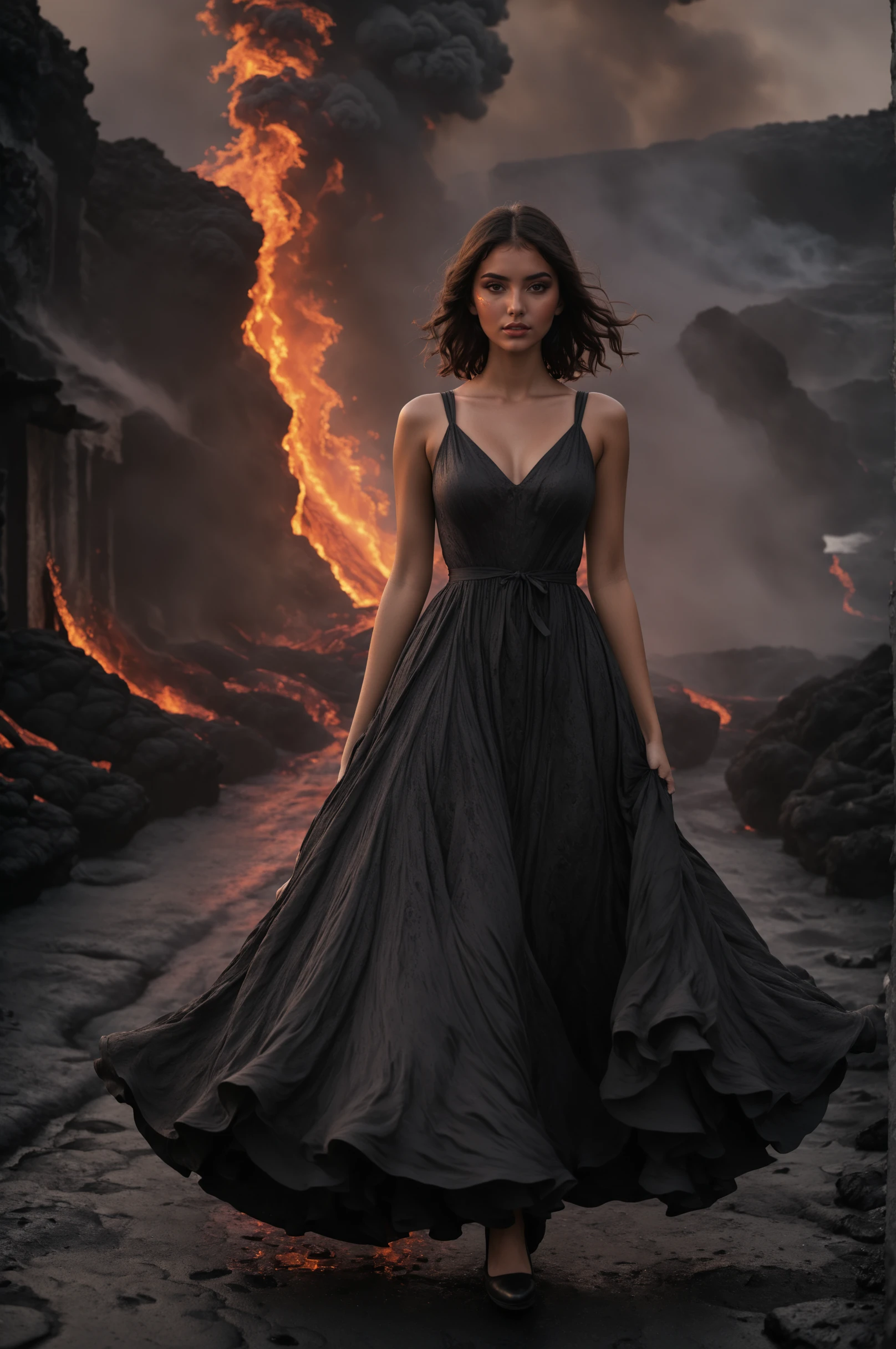 cinematic film still ,Girl in a Lavadress, Backround burning Street in Lava, mystic,  <lora:LavadressXL:0.5>f burning Lavadress,  <lora:Particles_XL_r1:0.8> <lora:add-detail-xl:0.8> . shallow depth of field, vignette, highly detailed, high budget, bokeh, cinemascope, moody, epic, gorgeous, film grain, grainy