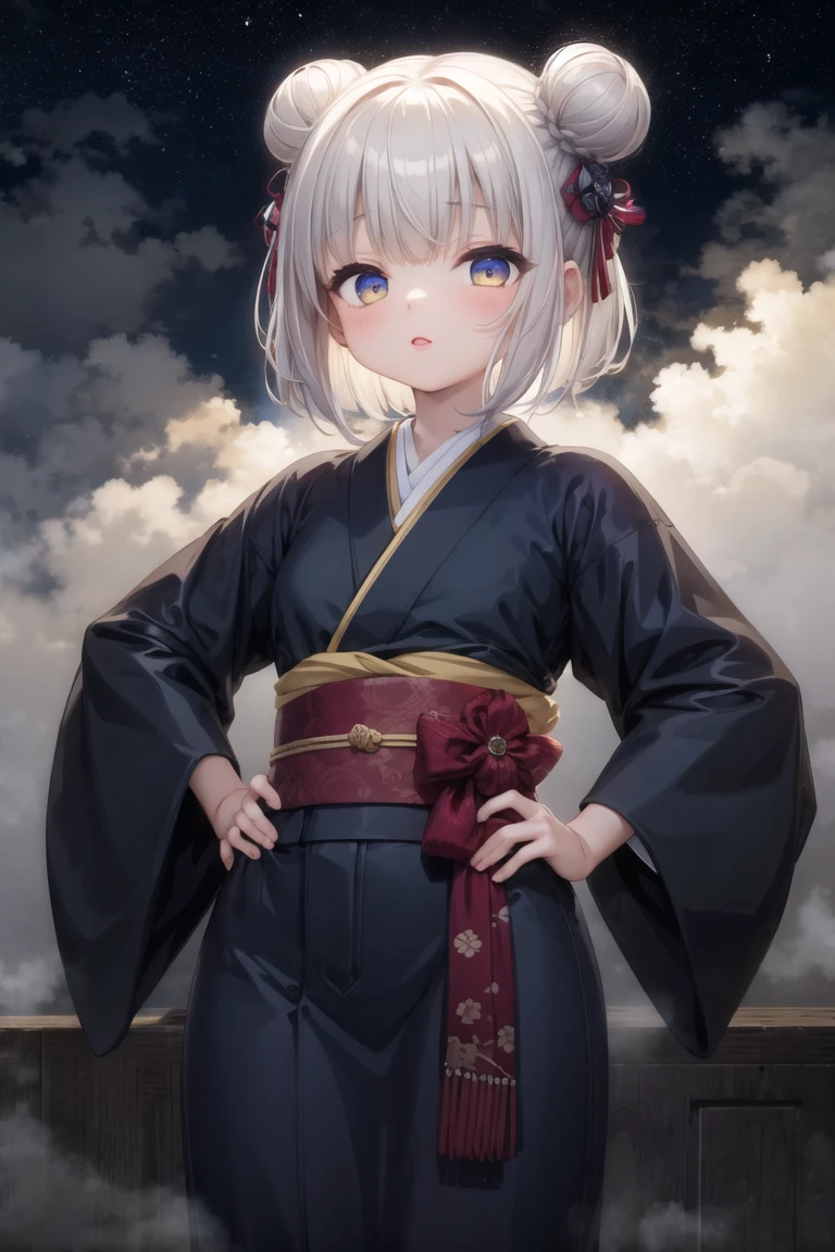 (masterpiece, best quality:1.2), 1girl, solo, cowboy shot,
on top of a building, at night, (heavy fog:1.3) and bright stars,
wearing a kimono,  hands on hips, 
lipstick, eyeshadow, (short hair:1.1), (double bun hair:1.1), (oily skin:1.1), 
<lora:mikagami_mamizu-10:1.0:lbw=ALL>