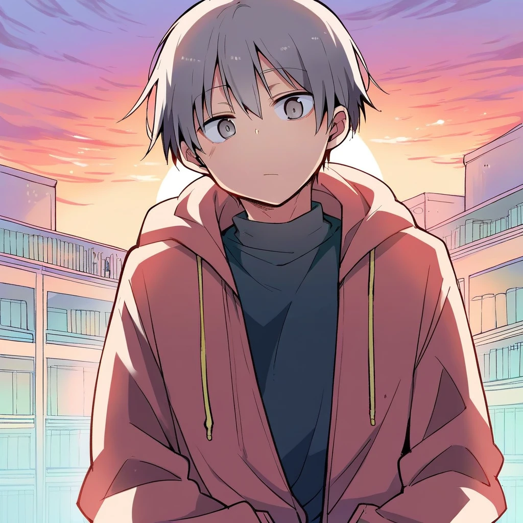 score_9, score_8_up, score_7_up, score_6_up, score_5_up, score_4_up, source_anime, 1boy, man, gray hair, gray eyes, hoodie, short hair, disheveled, upper body, library, sunset, solo, (cool-kyou shinja), masterpiece, highres, <lora:CoolKyouPony:0.85>