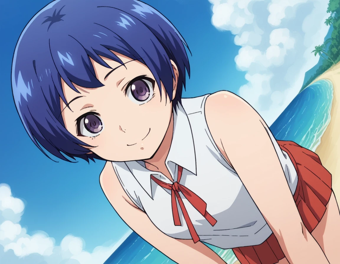 score_9, score_8_up, score_7_up, source_anime,
ainayoshizawa, <lora:aina-yoshizawa-s1-ponyxl-lora-nochekaiser:1>,
aina yoshizawa, short hair, blue hair, purple eyes,
skirt, sleeveless, socks, shirt, white shirt, collared shirt, ribbon, neck ribbon,
outdoors, beach, smile, bent over,
looking at viewer, dutch angle, cowboy shot, solo,