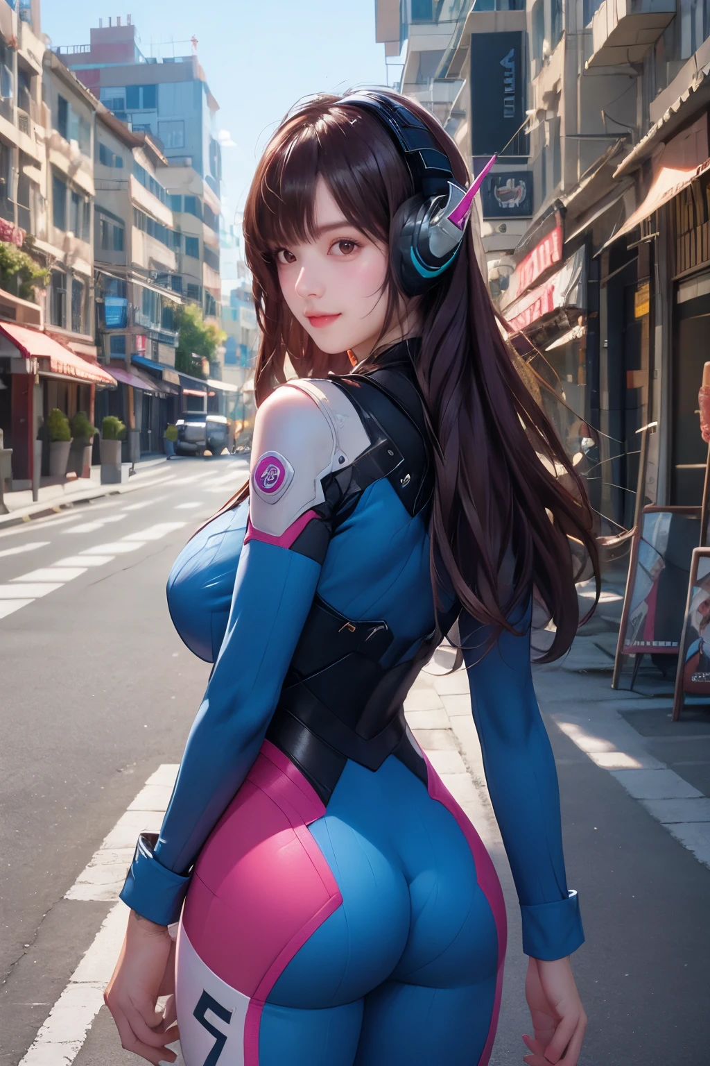 <lora:DVa-5:0.7>,super high resolution,best quality,Photos,4k,(Realistic:1.2),DVa,1girl,cowboy_shot,long hair,kind_smile,look to the lens,street view,