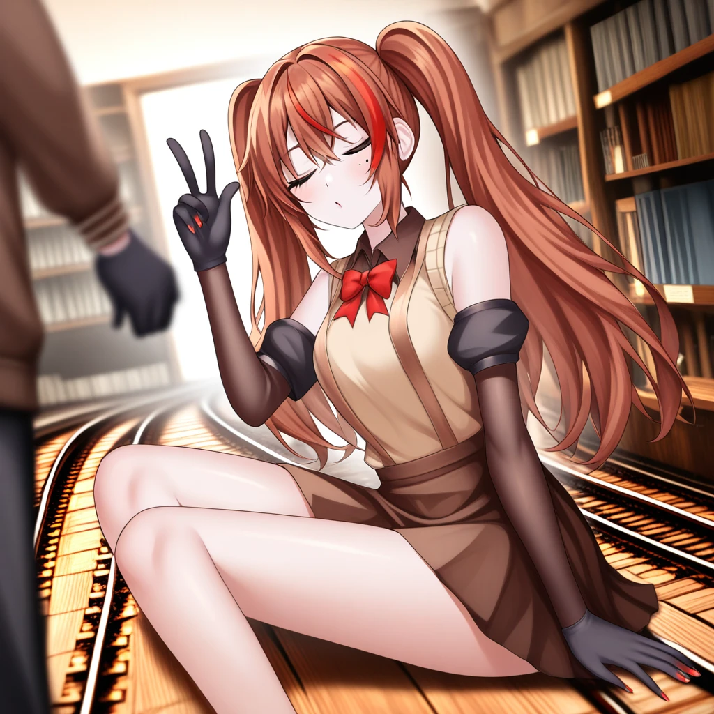 auburn-brown hair, long hair, twintails, detached sleeves, skirt, railroad tracks, blurry background, pleated dress, white background, black gloves, brown hair, medium-sized chest, v, streaked hair, shelf, sweater vest, looking back, lying, book, brown shirt, shiny hair, red nails, wooden floor, solo focus, brown dress, mole under eye, sunglasses, sitting, bow, suspender skirt, sleeping upright