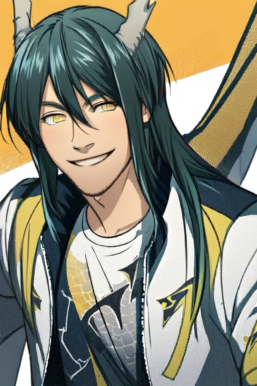 (masterpiece),(best_quality),1boy,Nanda,front hair,aqua hair,yellow eyes,track jacket,dragon print shirt,smile,running,<lora:Nanda_1-5:1>,
