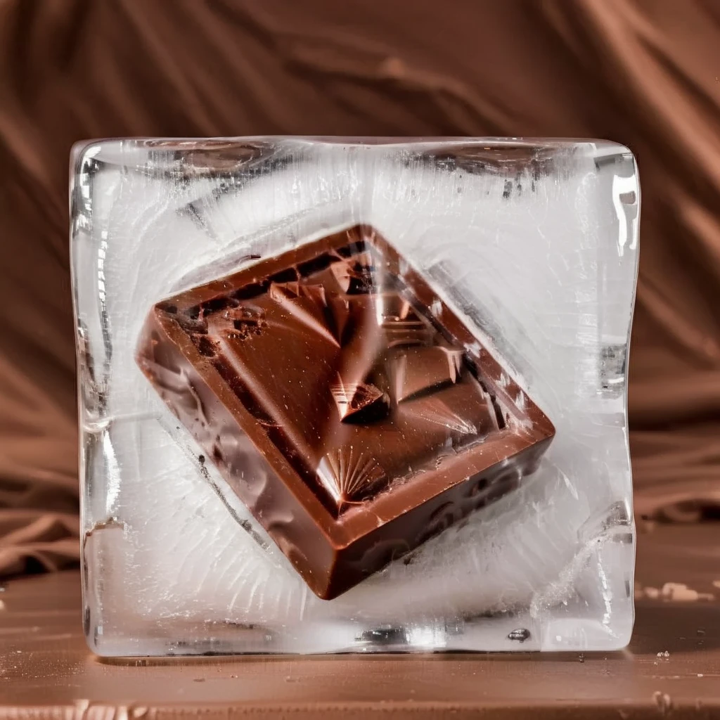 Create a realistic image of chocolate frozen inside a block of ice,<lora:iniceblock:0.8>,ice sheet