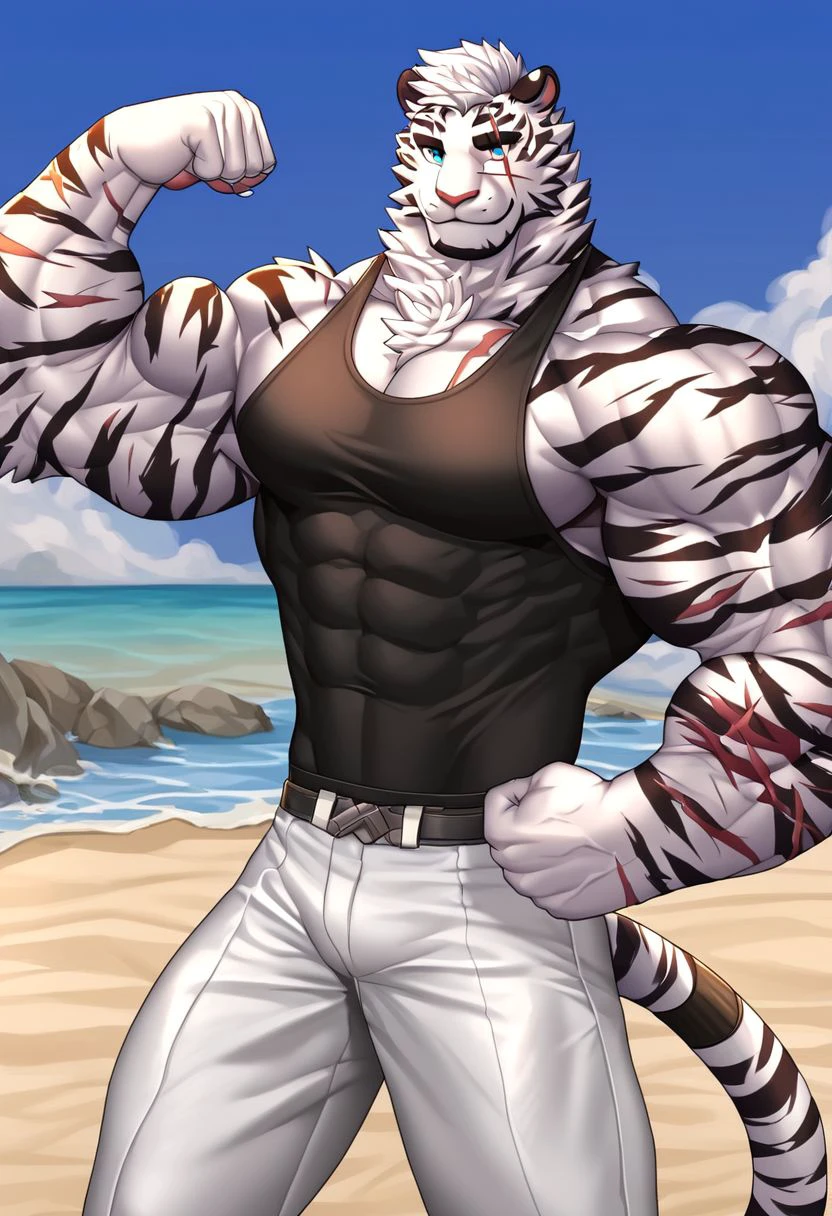 (2d cel anime:1.3),dutch angle,depth of field, motion blur, absurdres, looking at viewer, (best quality:1.3), (masterpiece:1.3), (ultra detailed:1.5),sharp focus,niji,(anthro male tiger:1.3),medium muscular,(wide shoulder width:1.3),(fluffy fur:1.3),(tiger tail),((nude)),(sea:1.3),resort,(large thigh),((pornographic pose:1.2)),(swimwear),anime,(muscle pose:1.3),(heavy sweating),(by null-ghost),by traver009