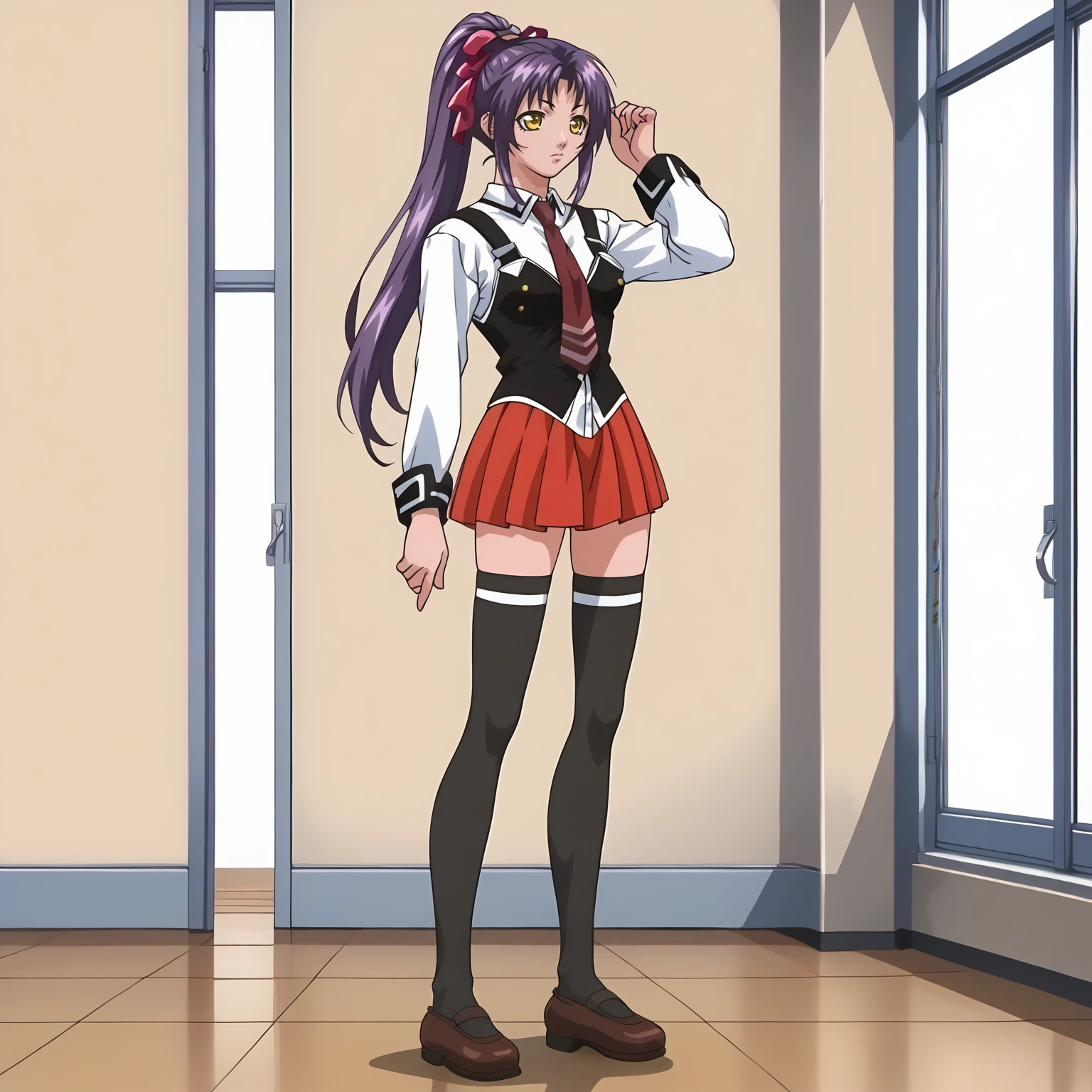 <lora:NamiKozonoXLpony001>,
solo,
NamiKozono,1girl,purple hair,high ponytail,hair_ribbon,yellow eyes,
school uniform,white shirt,strap,vest,red tie,
red skirt,
thighhighs,
full body,standing,