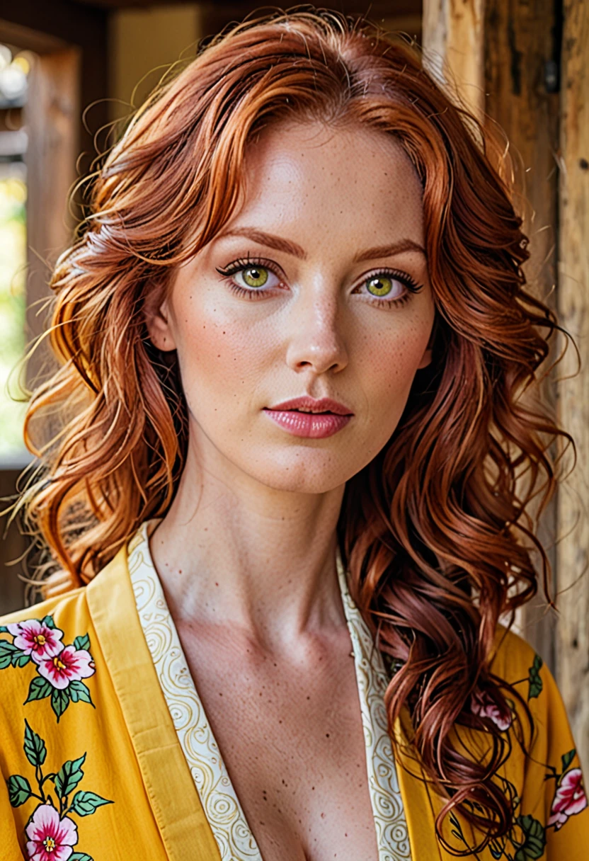 Modelshoot (Candid 1.3) photo of a vivacious 28-year-old polish supermodel, fullbody view, Striking eyes, voluminous wavy red hair, coy expression, lipgloss, wearing intricately detailed Yellow Kimono, looking at viewer, (upper body shot:1.5) Natural lighting, shot using a Leica T in the style of (Daniel Jackson:1.3) High detail, intricate, detailed face, detailed eyes, detailed skin, Shallow Depth of Field, Rustic Background,