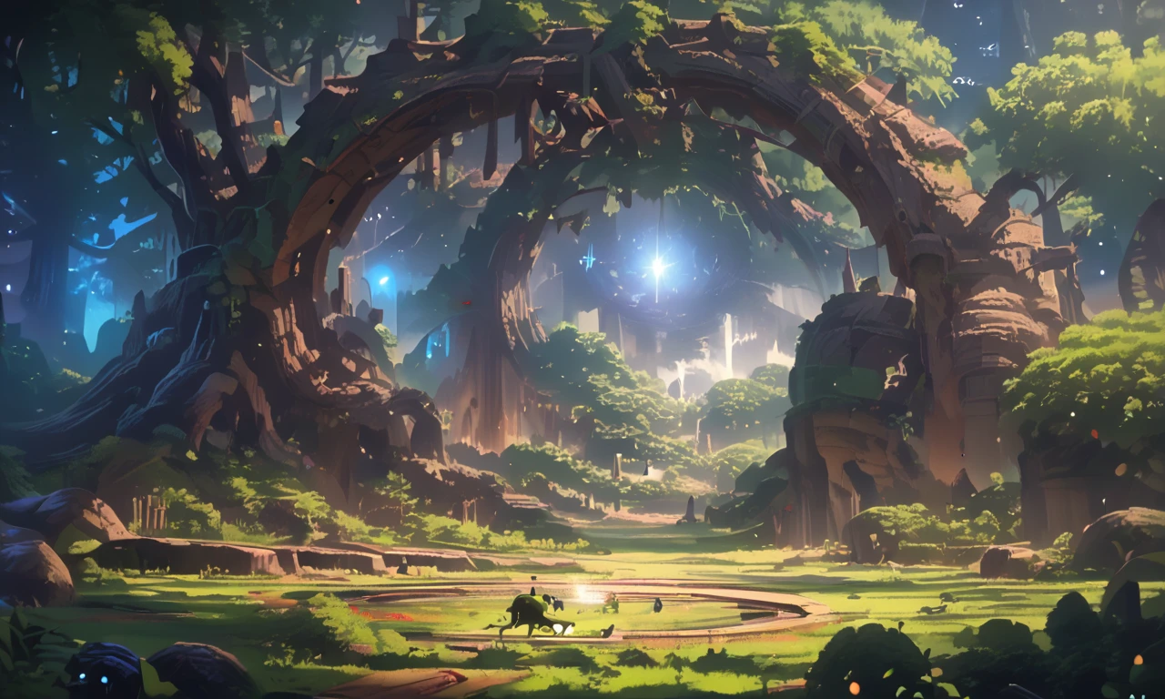 A forest clearing with a circle of ancient stones that glow under the moonlight. Ethereal figures gather around, performing a mysterious ritual. The air is thick with magical energy, and the ground is covered with a carpet of glowing moss and tiny, luminescent insects. <lora:Space_Operetta_Neo_-_Pony_Edition-000007:1>