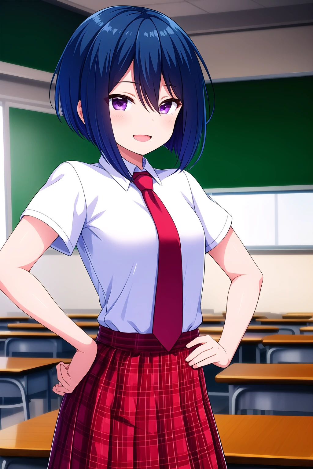 (masterpiece, best quality), highly detailed background, perfect lightingbest quality, hibaraeiko, solo, indoors, classroom, blue hair, hair between eyes, short hair, purple eyes, small breasts, red necktie, white shirt, short sleeves, hands on hips, red skirt, plaid skirt, school uniform, smile, open mouth, :d, pink lips, <lora:Hibara-Eiko:0.7>