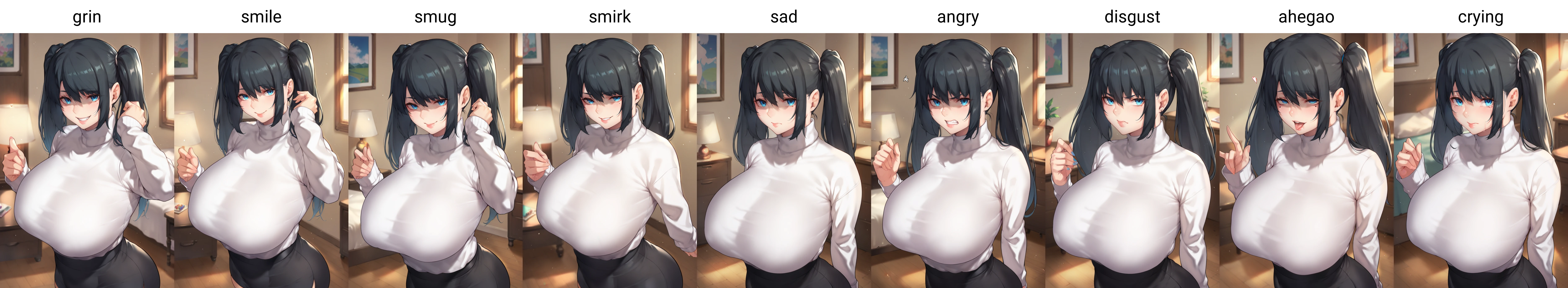 score_9, score_8_up, score_7_up, source_anime, 1girl,blue eyes,twintails, black hair, turtleneck sweater, white sweater, black skirt, grin,looking at viewer, from front, bedroom, standing, huge breasts <lora:Aster-Crowley-Style-PonyXL-Dora-final-000024:1>