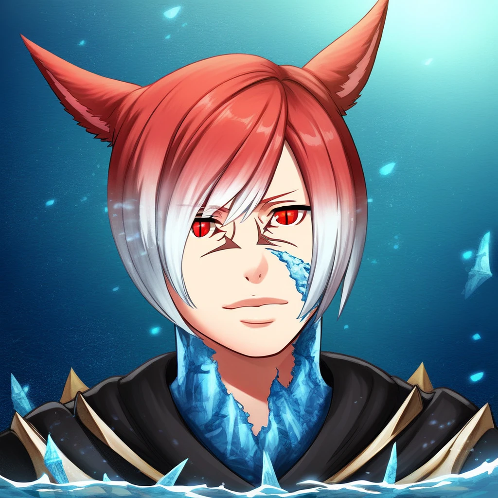 crystalexarchdskffxiv, animal ears, miqo'te, solo, red eyes, cat ears, multicolored hair, crystal, short hair, slit pupils, facial mark, two-tone hair, red hair, lips, water, looking at viewer, gradient hair, portrait, bangs, 1boy, male focus, white hair