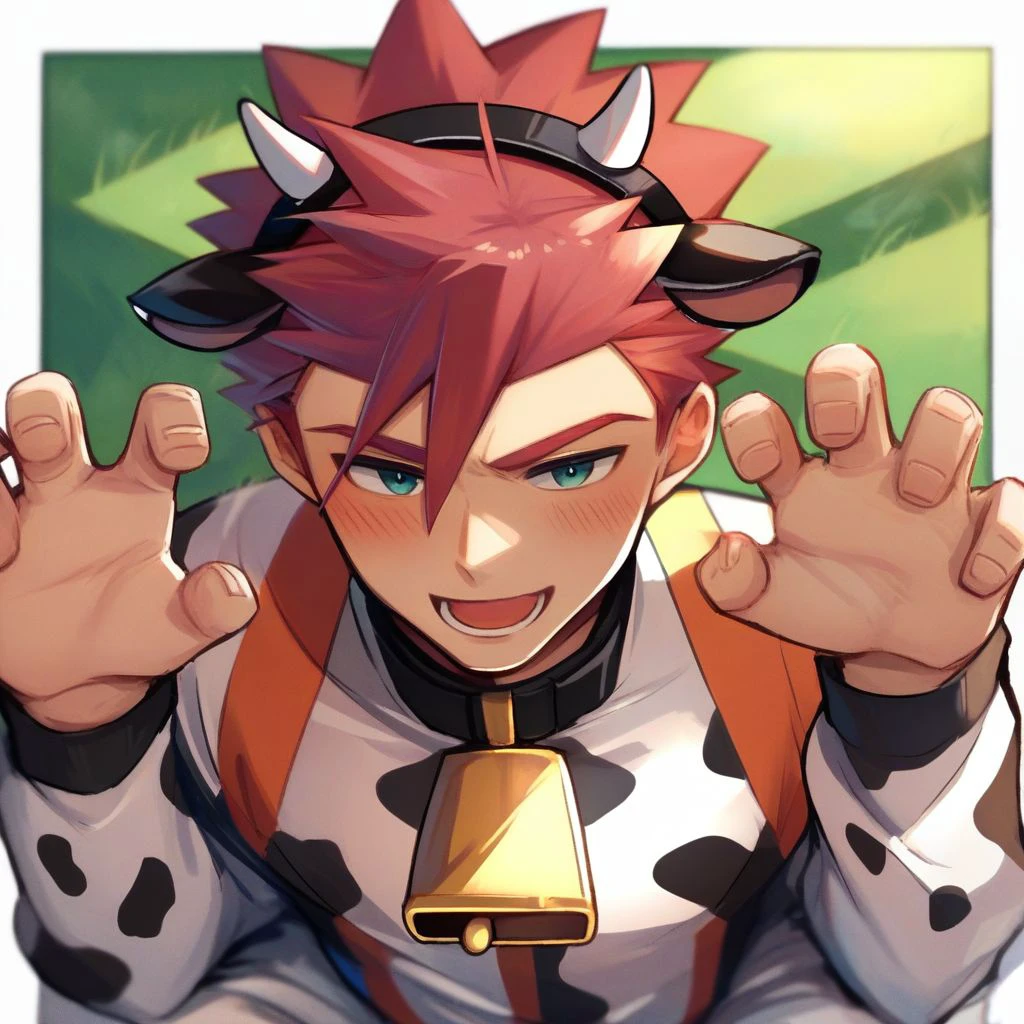 score_9,score_8_up,score_7_up,score_6_up,score_5_up,score_4_up, solo, 1boy, male focus, red hair, spiked hair, smile, half-closed eyes, blush, cow print, white bodysuit, fake animal ears, fake horns, cow ears, cow, cow print bodysuit, cowbell, paw pose, open mouth, tongue, sitting