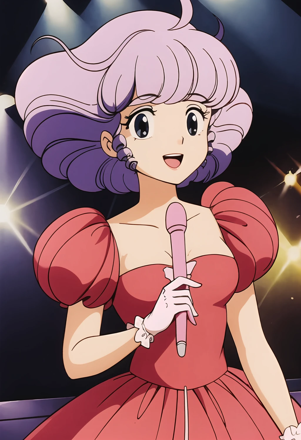 masterpiece,best quality,highres,Noise reduction,Clarity,Refinement,Detailing,Sharpness enhancement,1girl, solo,gloves, dress, red dress,flower,puffy sleeves, puffy short sleeves,detached face,detached eyes,looking ahead,open mouth,smile,looking at viewer, 1980s \(style\), retro artstyle, portrait, stage,concert