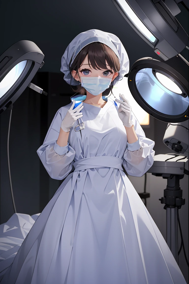 (RAW photo, best quality), (1girl), operating room, overhead surgical light,blurred background, focused,
 <lora:Hands_UP_V2.0-000006:0.8> hands_up_surgeon, looking at viewer, surgical mask, gloves,long dress, long sleeves,