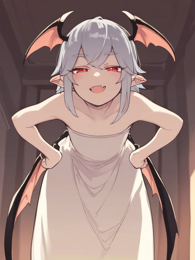    : 18 year old demonic girl standing in a bright kitchen, she is very thin with a small butt, as all demons she is completely naked, we see her from behind but she looks over her shoulder smiling (
, demonic skincolour, as all demons her face looks way younger than 18 nearly  like 