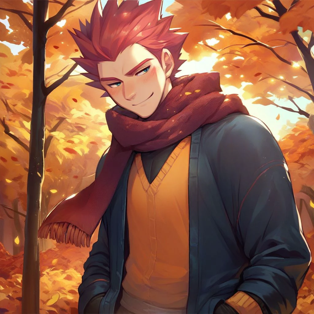 score_9,score_8_up,score_7_up,score_6_up,score_5_up,score_4_up, solo, 1boy, male focus, red hair, spiked hair, standing, half-closed eyes, blush, smile, scarf, cardigan, autumn, outdoors, hands in pockets