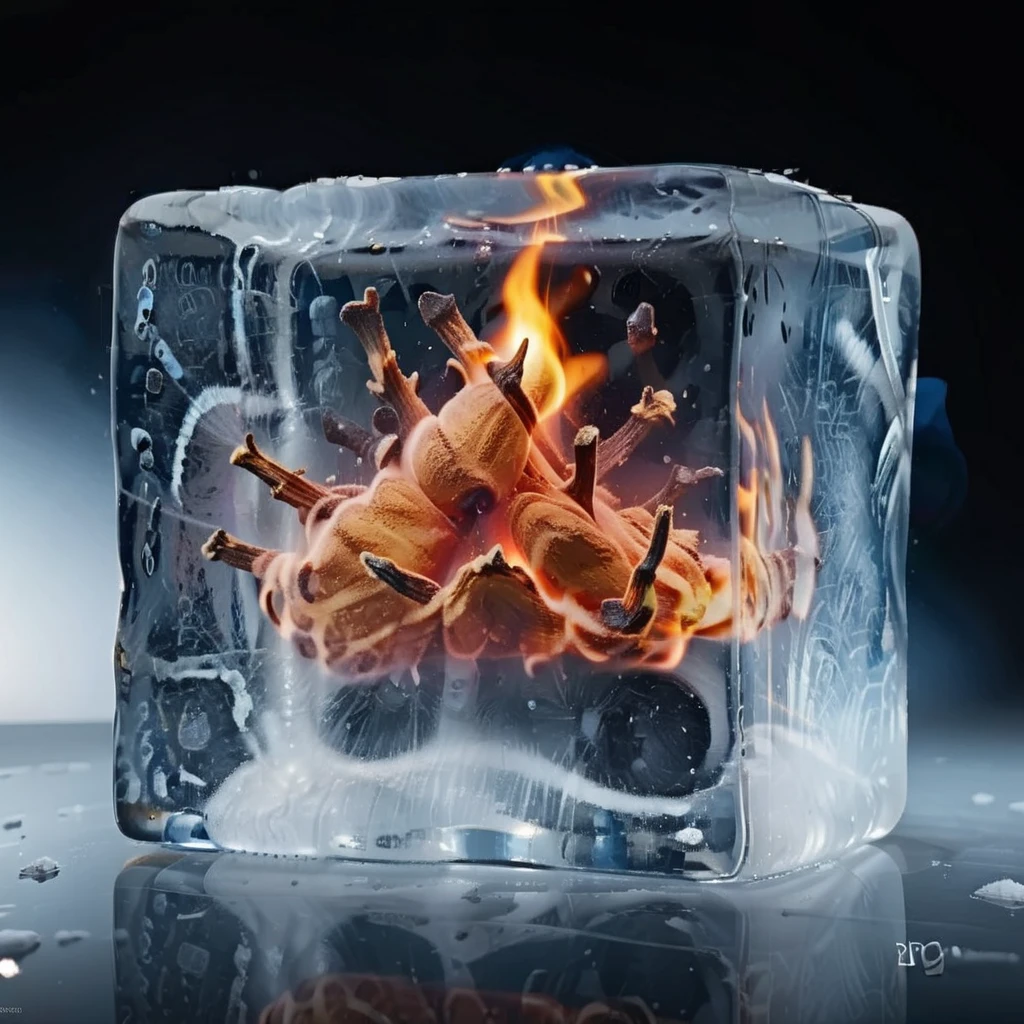 Create a realistic image of fire frozen inside a block of ice,<lora:iniceblock:0.8>