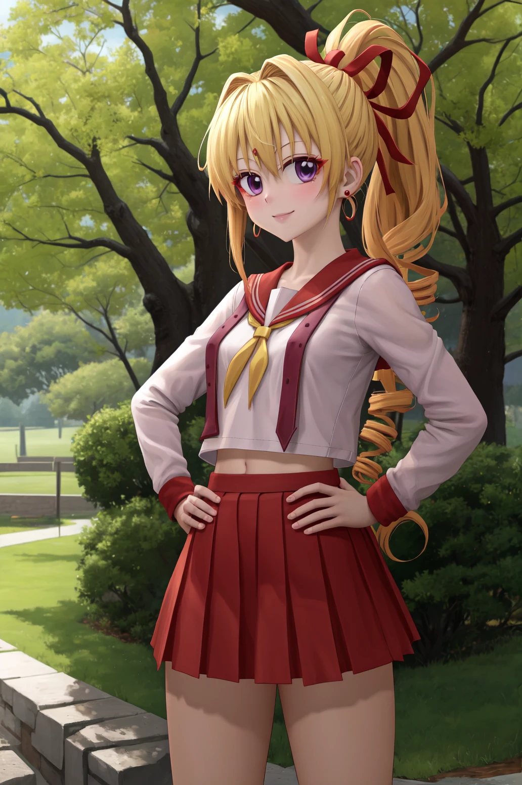 masterpiece, best quality, very aesthetic, ultra detailed, intricate details, 4k, anime style,
1girl, solo, long hair, smile, purple eyes, blonde hair, bow, ribbon, hair ribbon, ponytail, earrings, red ribbon, red bow, drill hair, high ponytail, 
school uniform, serafuku, seifuku, pleated skirt, skirt, long sleeves, sailor fuku, sailor collar, bowtie, aki99, 
<lora:Aki99:1>, standing, looking at viewer, hands on own hips, cowboy shot, forest, outdoors, tree, sunlight, cloudy, <lora:Jeanne:1>