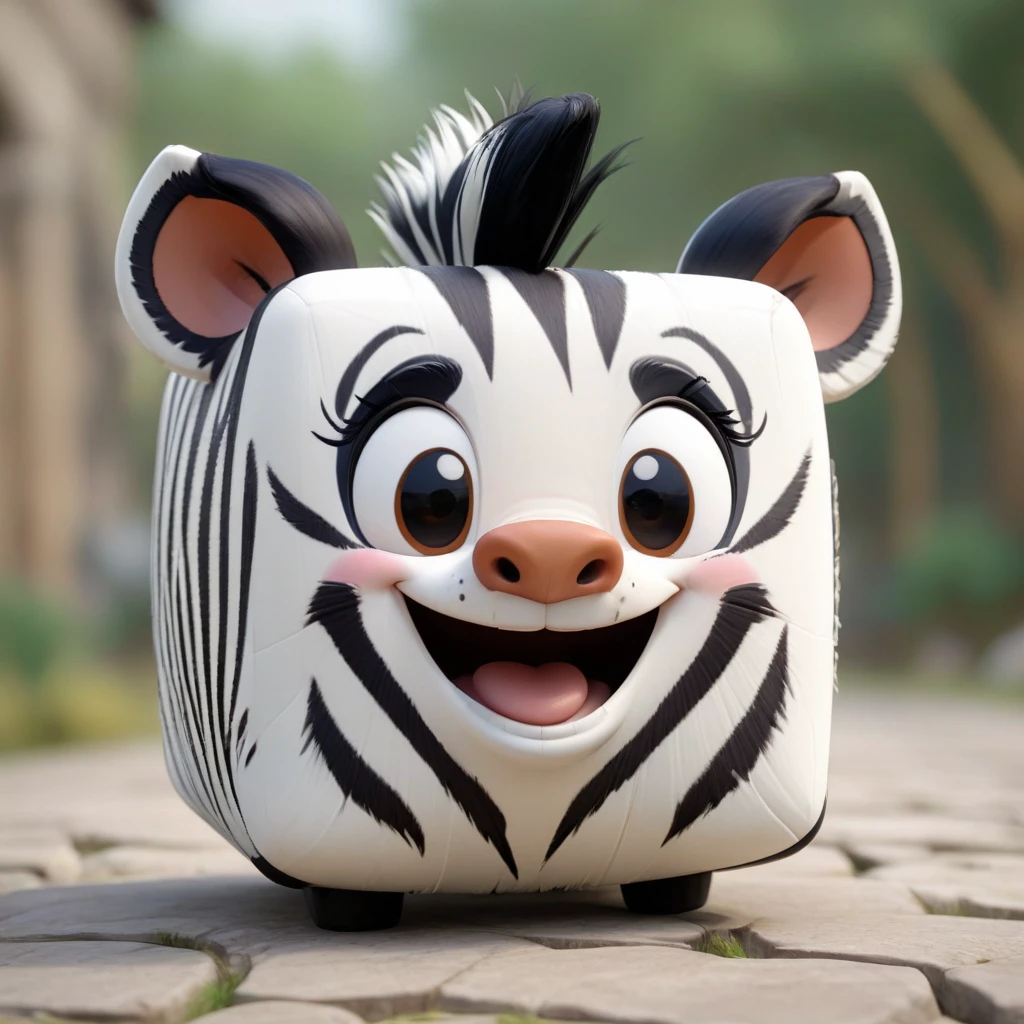 cube-shaped Zebra, Disney render, detailed stylized 3d, unreal engine game, happy, cute, smiling, friendly, open mouth, game world, blurry background, (teeth:0.4),