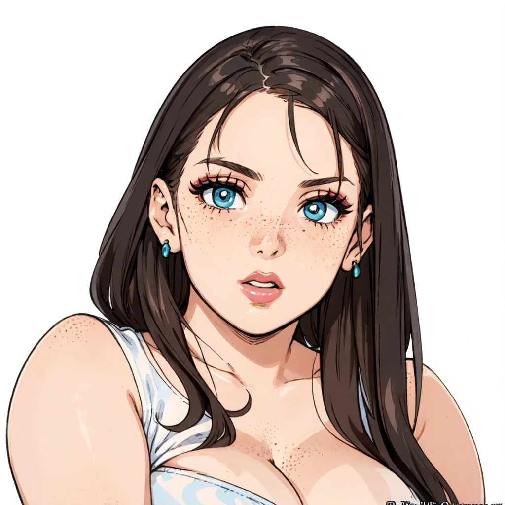 SierraSkye,(pixiv fanbox, official art, trending on artstation, divine),1girl,bust portrait,solo,hotify,freckles,white dress,cleavage,curvy, <lora:SierraSkye_v02:.75>, colored background, simple background, prettyeyes