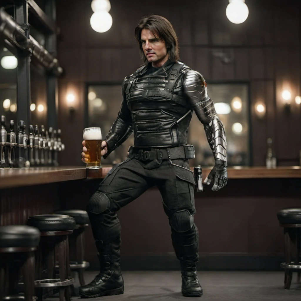 cinematic photo a full body tom cruise with a metalic arm and metalic hand having a beer in a pub <lora:WinterSoldier1024:0.8> . 35mm photograph, film, bokeh, professional, 4k, highly detailed