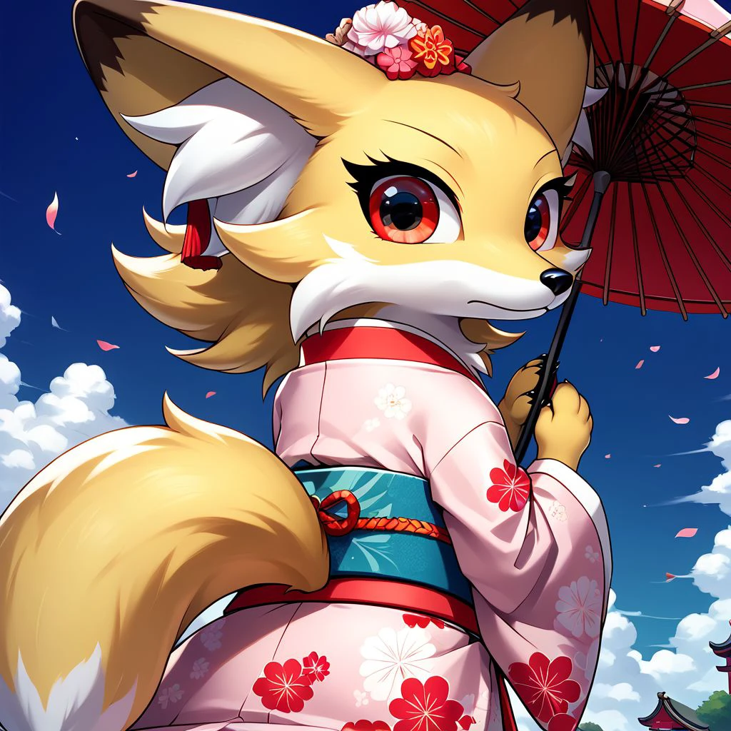 anthro, solo, feral, female, canid, fox, red_eyed_fox, yellow fur, clothes, looking back, wearing pink kimonos, holding Japanese traditional umbrella, fluffy fur, big red eyes, big fox tail, big fox ears, white Japanese traditional hat, lakeside, score_9_up, score_8_up, score_7_up, source_anime