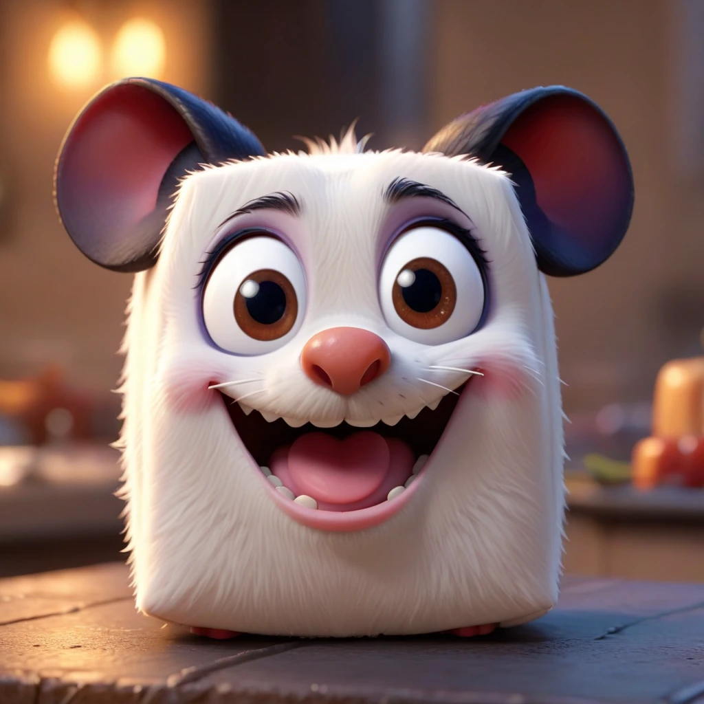 cube-shaped Remy from Ratatouille, Disney render, detailed stylized 3d, unreal engine game, happy, cute, smiling, friendly, open mouth, game world, blurry background, (teeth:0.4),