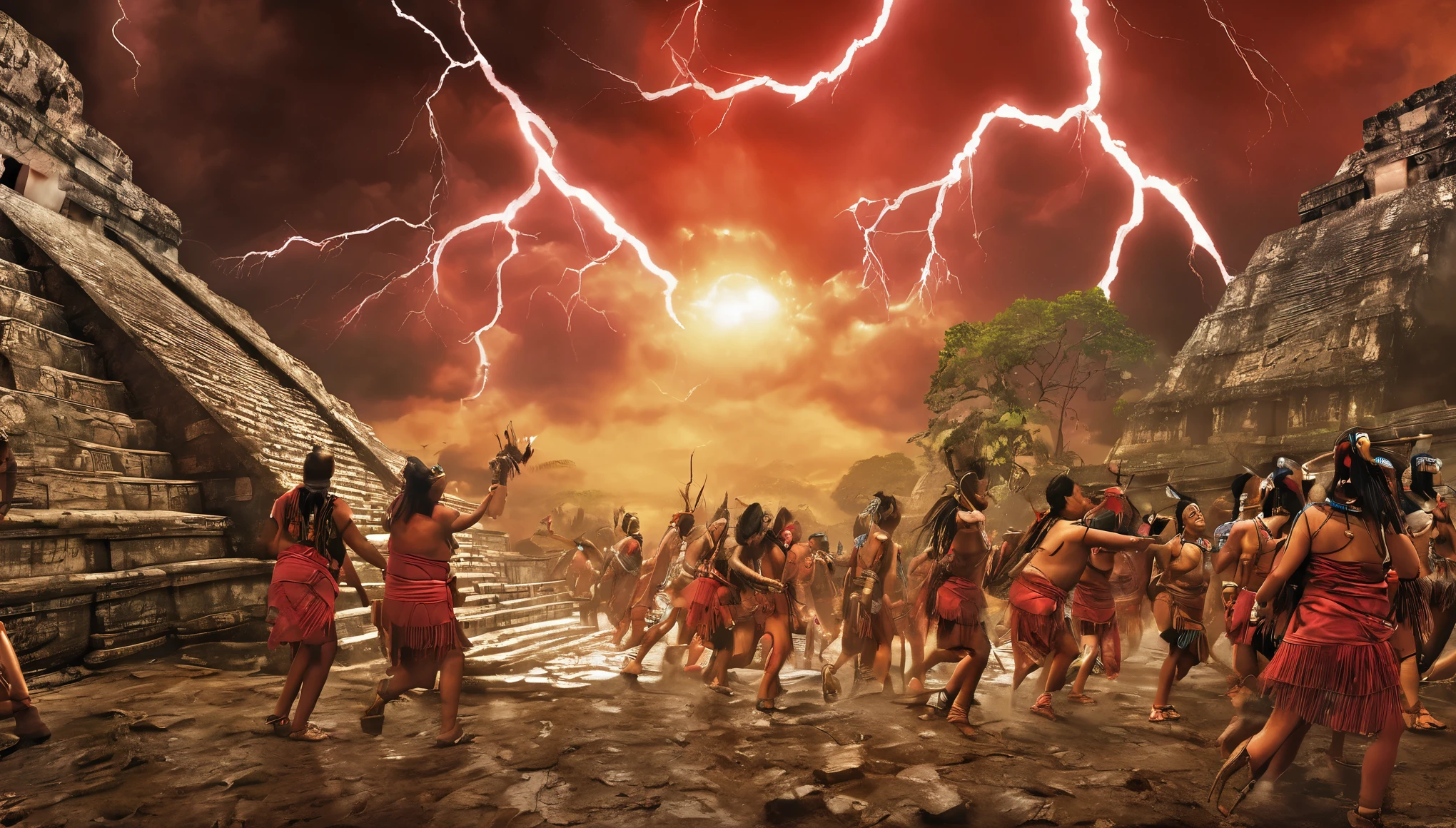 Maya civilization, apocalipse event, highly detailed maya people, maya people running, maya people falling down, maya people dying, maya people dying running, scared, magic, mystical, ritualistic, severed head, human sacrifice, storm, lightning, rain, demon, apocalypse, maya people, chaos, red sky, cinematic lighting, Ultra-Wide Angle, panorama, UHD, retina, masterpiece, super detail, award winning, best quality, 4K