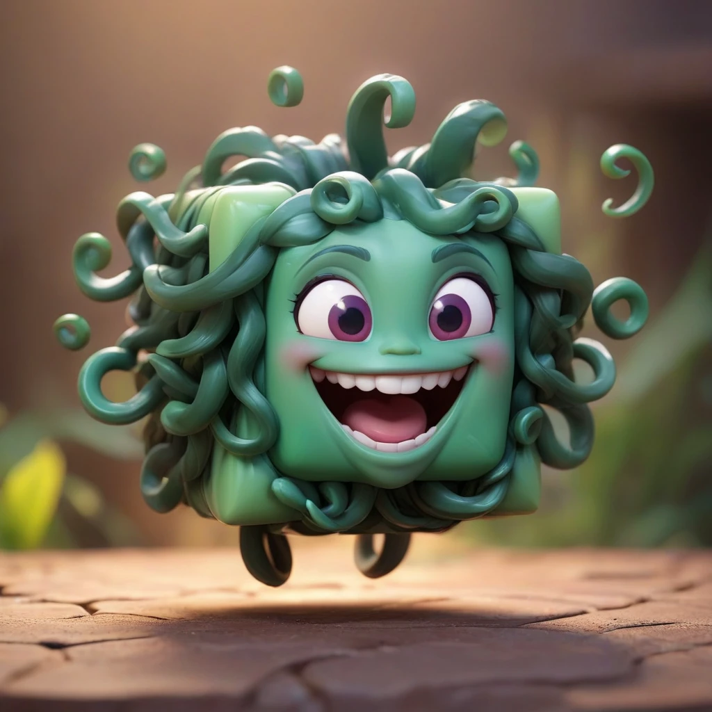 cube-shaped Medusa, Disney render, detailed stylized 3d, unreal engine game, happy, cute, smiling, friendly, open mouth, game world, blurry background, (teeth:0.4),