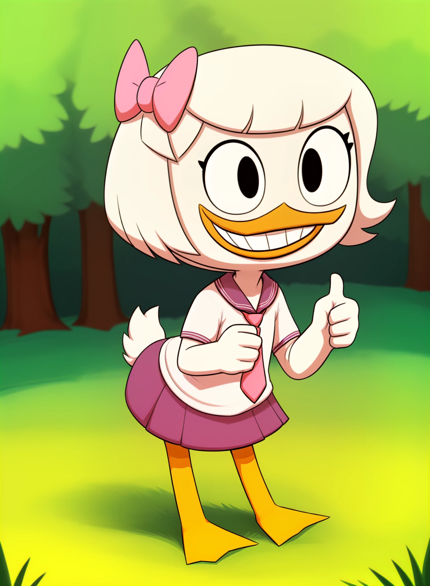 (by manmosu marimo:1.2) (by bebebebebe:0.7) (by_the-minuscule-task:0.6) (outside, grass, tree, detailed_background:1.2) webby_vanderquack, solo, (white skin, white hair, short hair, scut tail:1.2) (orange legs, young, , female, duck, beak, chibi, webbed feet:1.2) (black eyes, smile, teeth, grin:1.3) (clothed, fully clothed, japanese school uniform, white shirt, hair_bow, pink_bow, serafuku, necktie, leaning_forward, thumbs_up:1.4) <lora:Webby Vanderquack V2A:0.5> <lora:DrockFurXL:0.6>
