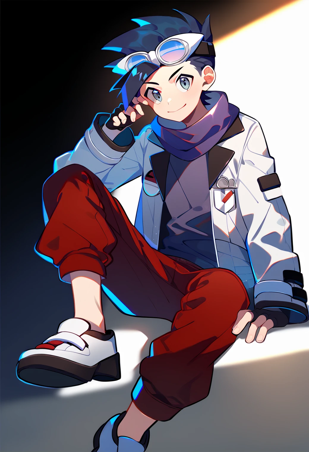 score_9_up, score_8_up, score_7_up, score_6_up, score_9, 1boy, solo, ethan_sygna, black hair, grey eyes, goggles on head, purple scarf, white open jacket, red pants, purple shirt, black fingerless gloves, white with black footwear, best quality, amazing quality, best aesthetic, absurdres ,source_anime, source_<lora:EMS-360038-EMS:1.000000>