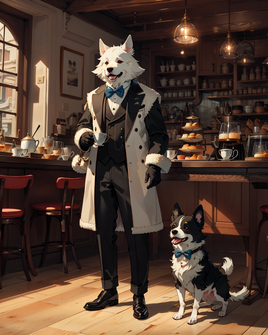 best quality,masterpiece,highly detailed,ultra-detailed, furry
dog,shirt,suit, at cafe afernoon tea,mug,(fur gloves:1.3),food,bowtie, fur trim,  pants,standing, 
 <lora:neg9V2_last:0.5>  
 <lora:furrytale:1>