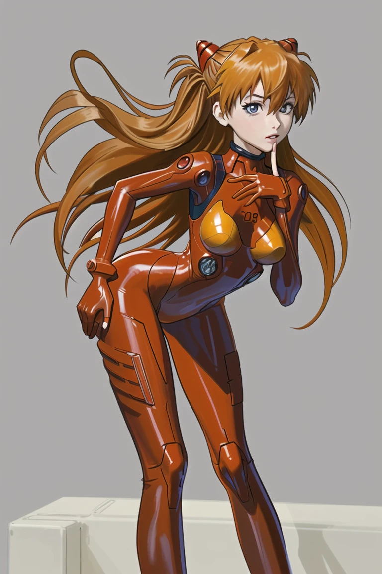 souryuu asuka langley, 1girl, plugsuit, bodysuit, red bodysuit, long hair, solo, breasts, from side, lips, leaning forward,orange hair,finger to mouth,