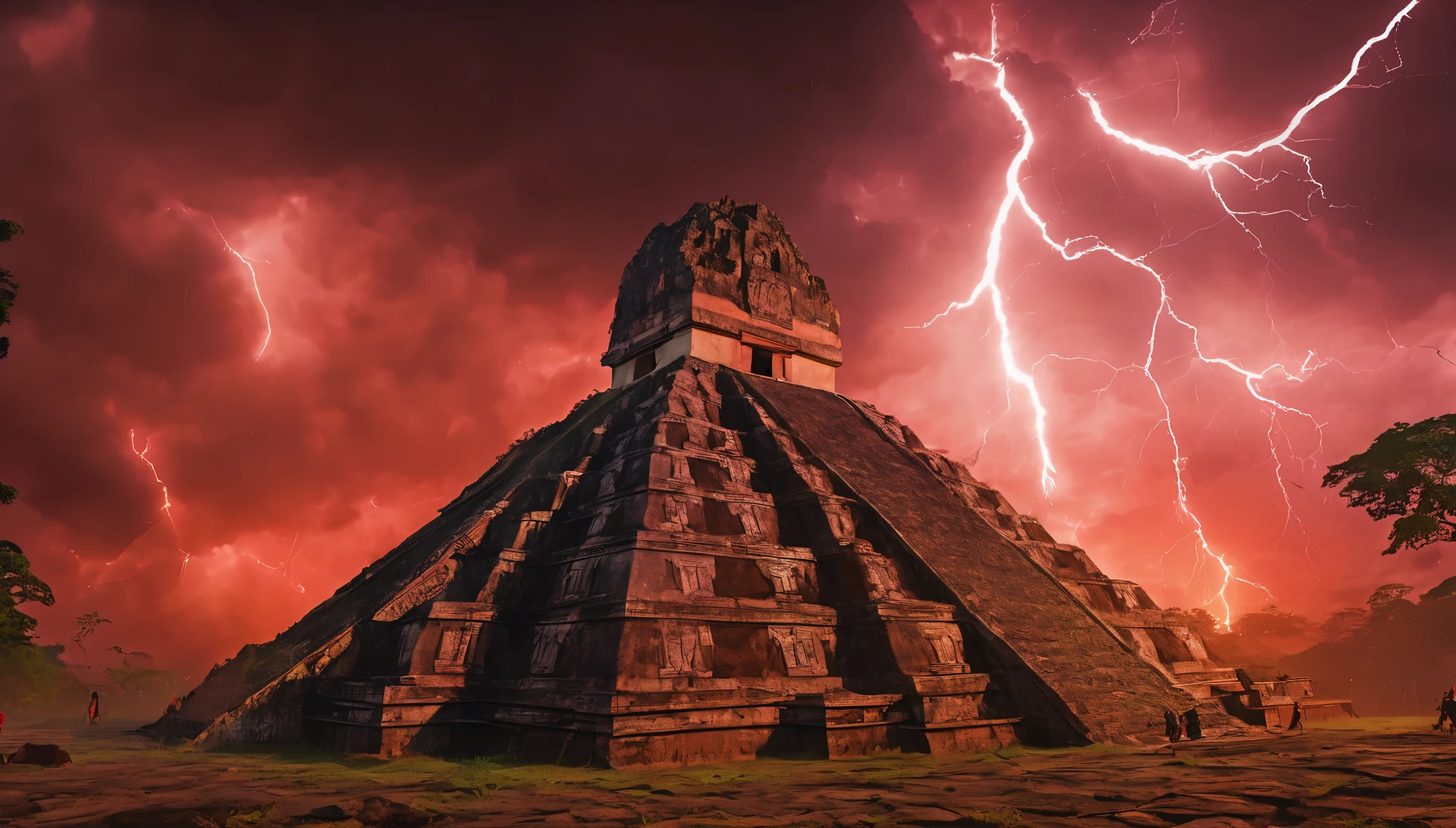 Maya civilization, ritual dance, magic, mystical, ritualistic, severed head, human sacrifice, storm, lightning, rain, demon, apocalypse, maya people, chaos, red sky, cinematic lighting, Ultra-Wide Angle, panorama, UHD, retina, masterpiece, super detail, award winning, best quality, 4K