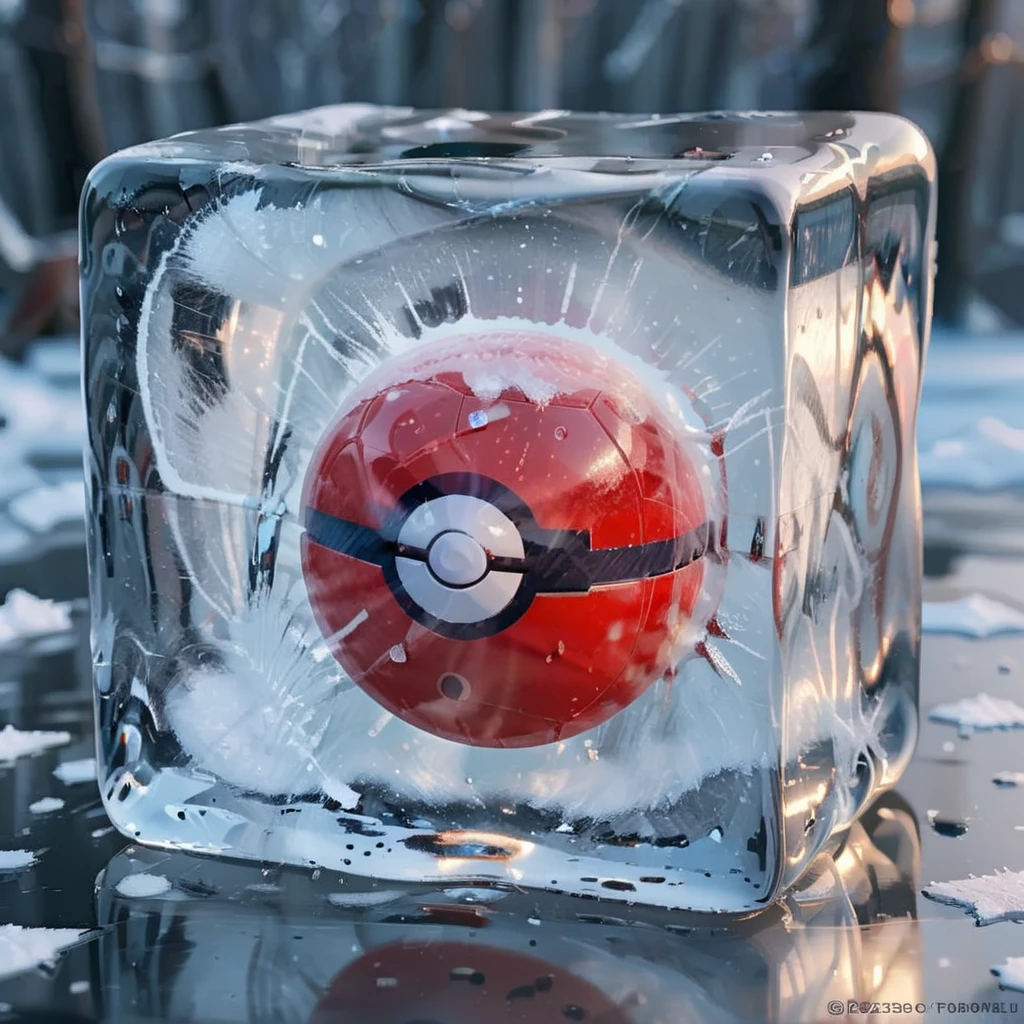 Create a realistic image of pokemon ball frozen inside a block of ice,<lora:iniceblock:0.8>