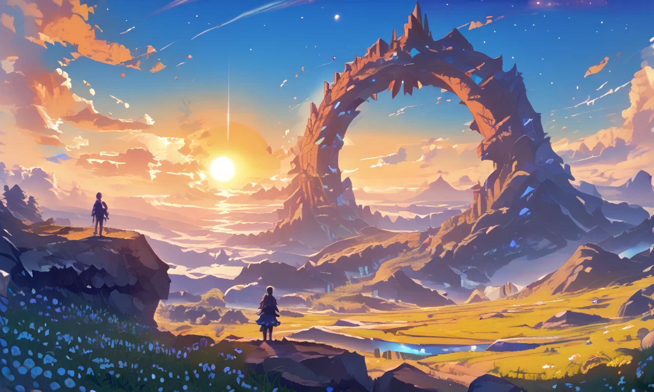flowers, sheer rock walls, shadow, sun, mountain, star (sky), sunset, rock arch, day, facing away, a person standing near the base of a mountain, black hair, lens flare <lora:Space_Operetta_Neo_-_Pony_Edition-000007:1>