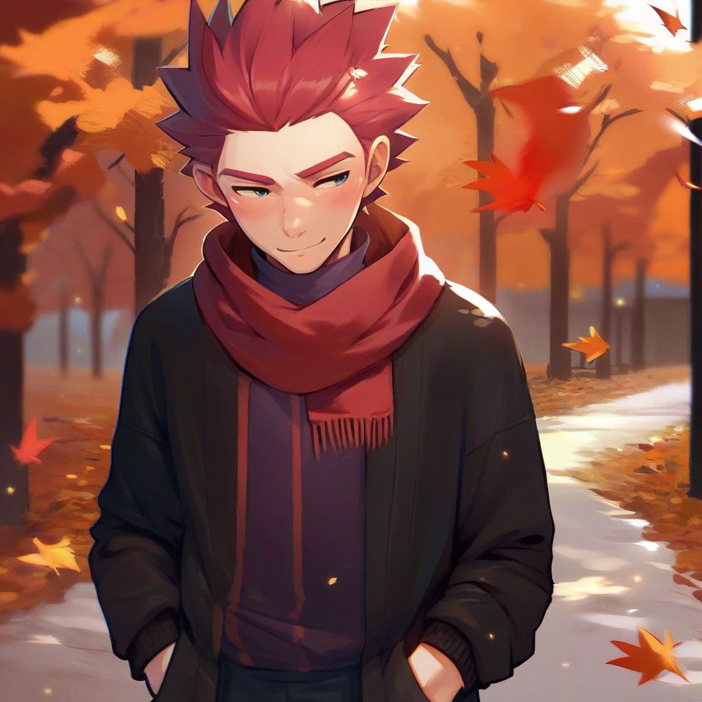 score_9,score_8_up,score_7_up,score_6_up,score_5_up,score_4_up, solo, 1boy, male focus, red hair, spiked hair, standing, half-closed eyes, blush, smile, scarf, cardigan, autumn, outdoors, hands in pockets