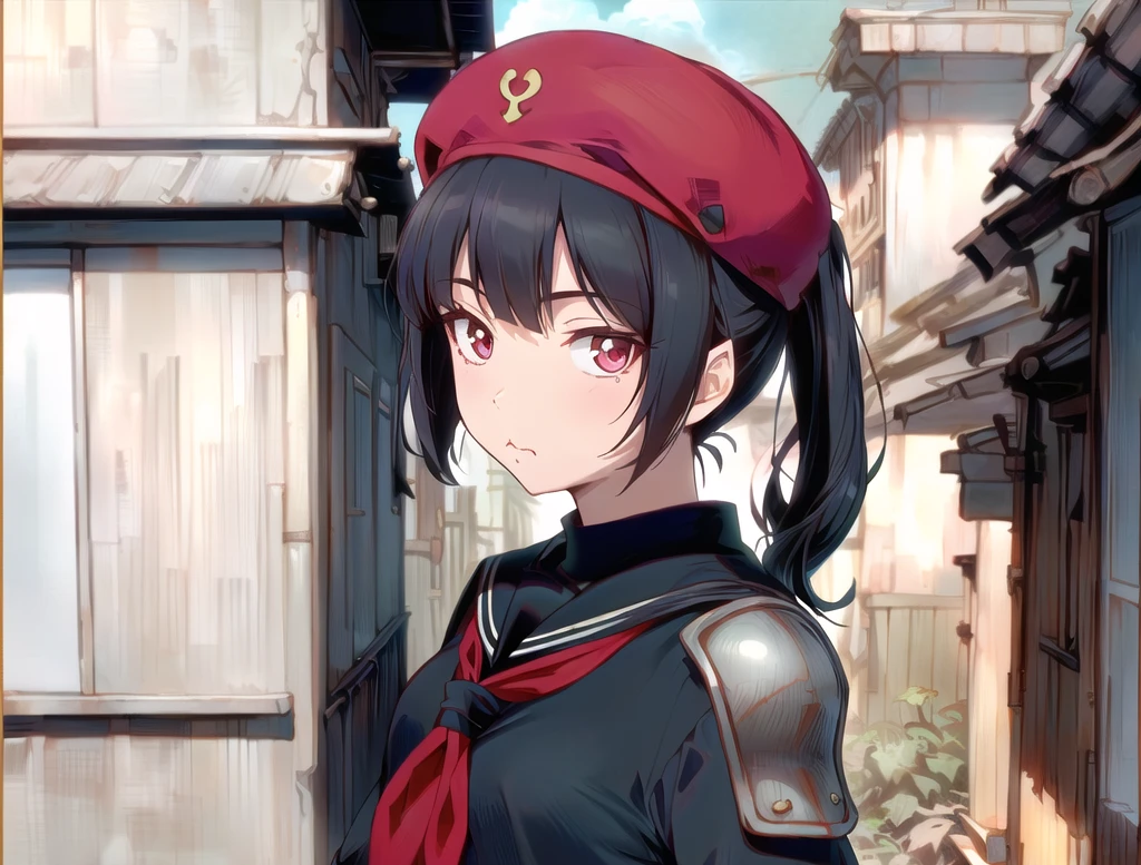 (Masterpiece, Best Quality:1.3), absurdres, (8k resolution), full body, full angle view, illustration, 1girl, solo, long hair, looking at viewer, skirt, shirt, black hair, red eyes, long sleeves, hat, holding, closed mouth, school uniform, ponytail, weapon, cowboy shot, horns, serafuku, sword, black skirt, sailor collar, holding weapon, armor, neckerchief, parted bangs, black shirt, holding sword, katana, shoulder armor, sheath, red neckerchief, black serafuku, sheathed, japanese armor, scabbard, kote. (extremely detailed), ((depth of field)), fantastic composition, (shadow), sky, cloud, (highly detailed), floating particles, ,sugar_rune<lora:EMS-359438-EMS:1.200000>, <lora:EMS-91280-EMS:0.300000>