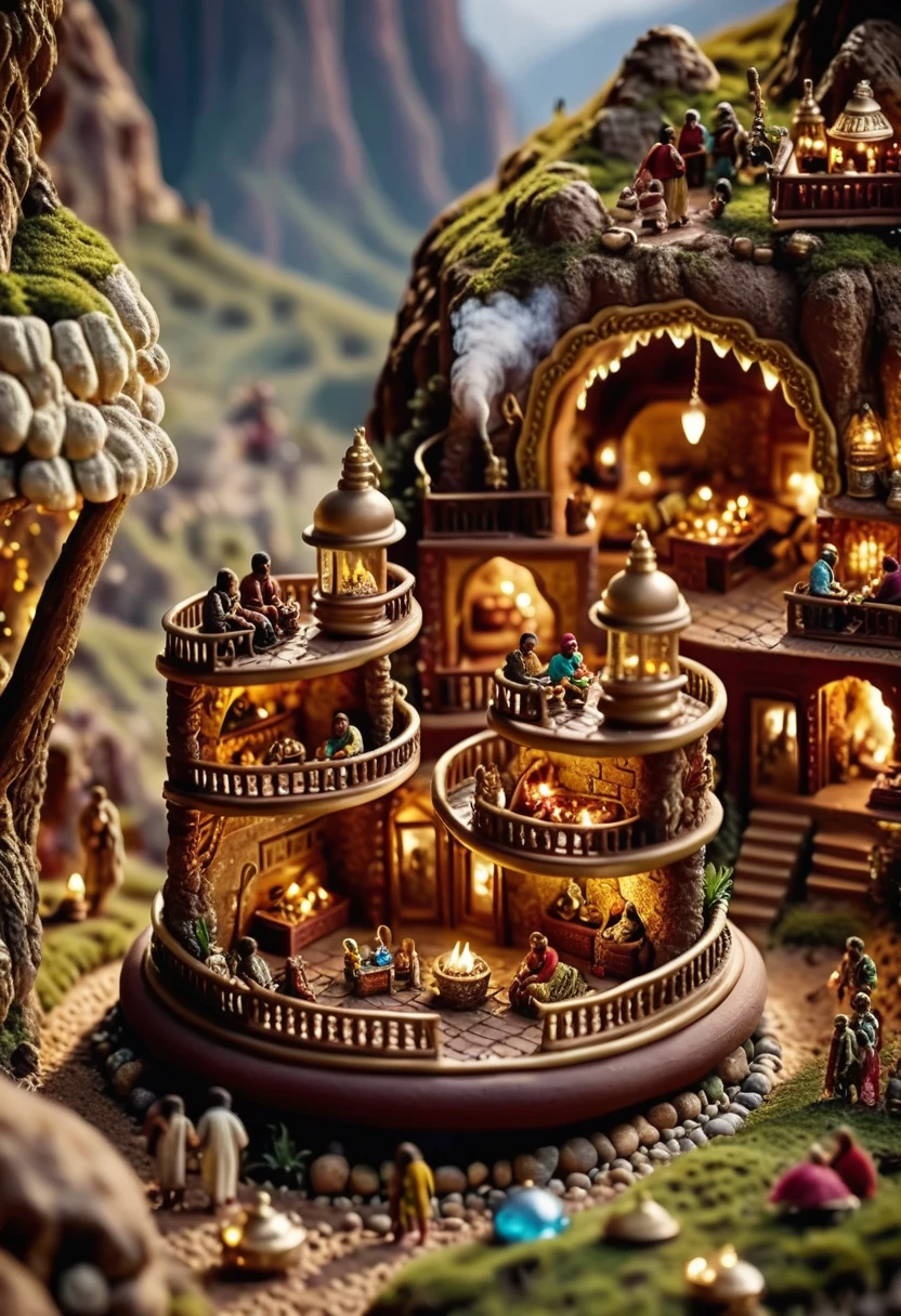 cinematic photo In the heart of a surreal landscape, a miniature, intricately decorated with tiny madras accessories, sits nestled in a cozy cave. The air is thick with the scent of fresh earth and steam as a group of children play games in the background. , 35mm photograph, film, bokeh, professional, 4k, highly detailed,