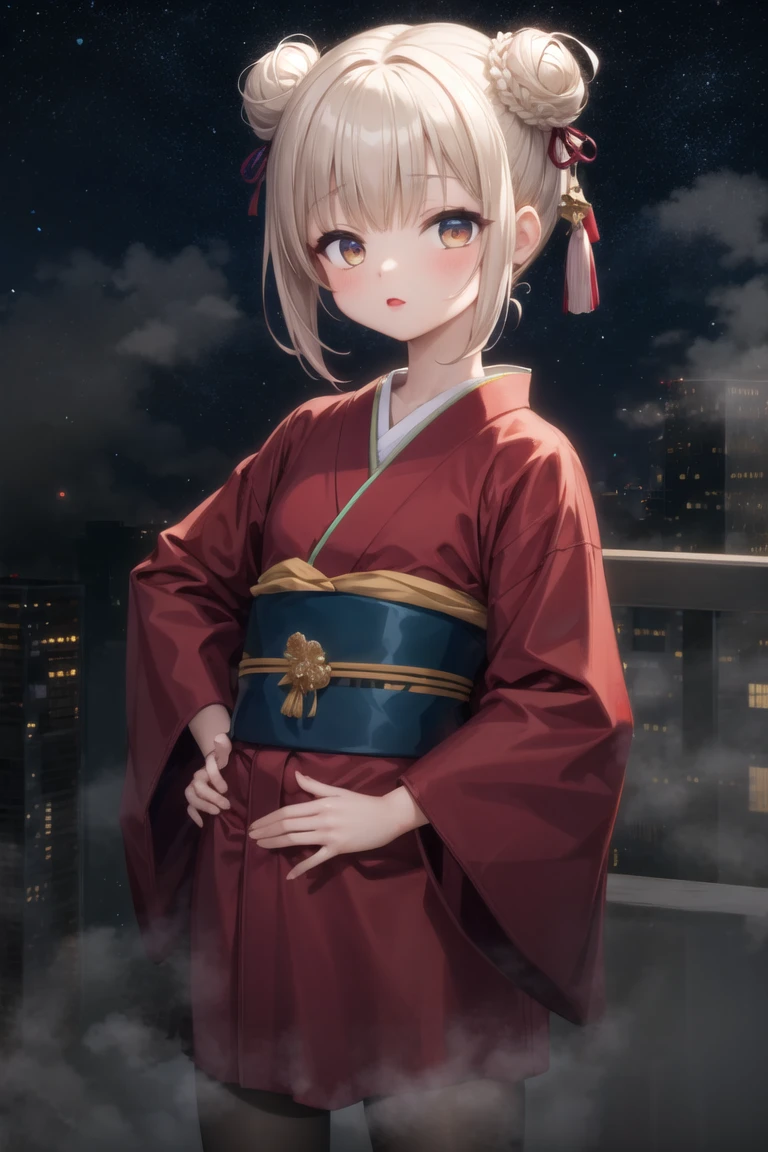 (masterpiece, best quality:1.2), 1girl, solo, cowboy shot,
on top of a building, at night, (heavy fog:1.3) and bright stars,
wearing a kimono,  hands on hips, 
lipstick, eyeshadow, (short hair:1.1), (double bun hair:1.1), (oily skin:1.1), 
<lora:mikagami_mamizu-10:1.0:lbw=ALL>