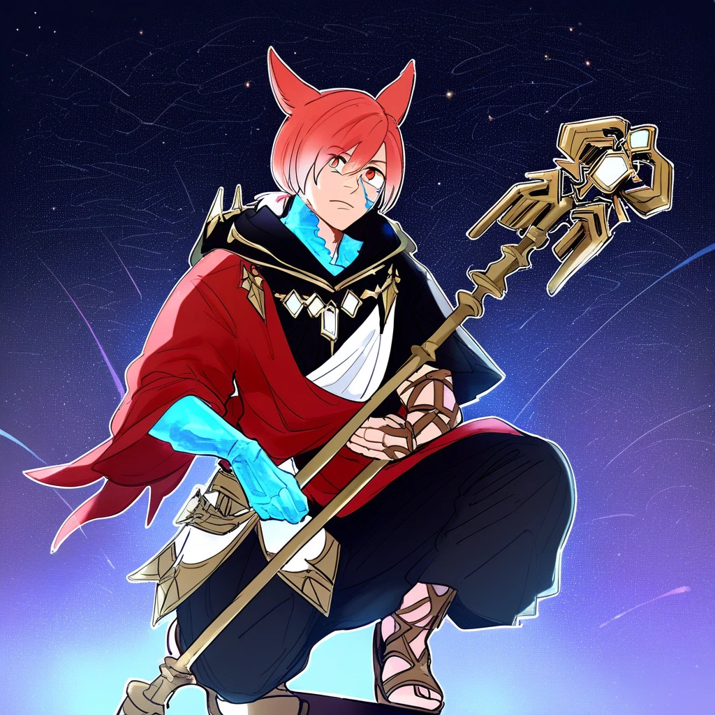 crystalexarchdskffxiv, 1boy, solo, male focus, red hair, animal ears, staff, cat ears, miqo'te, hood, hood down, hooded robe, one knee, sandals, star (sky), holding staff, crystal, holding, starry sky, sky, black robe, facial mark, short ponytail, short hair, robe, bangs, jewelry, black pants, glowing, pants, cat boy