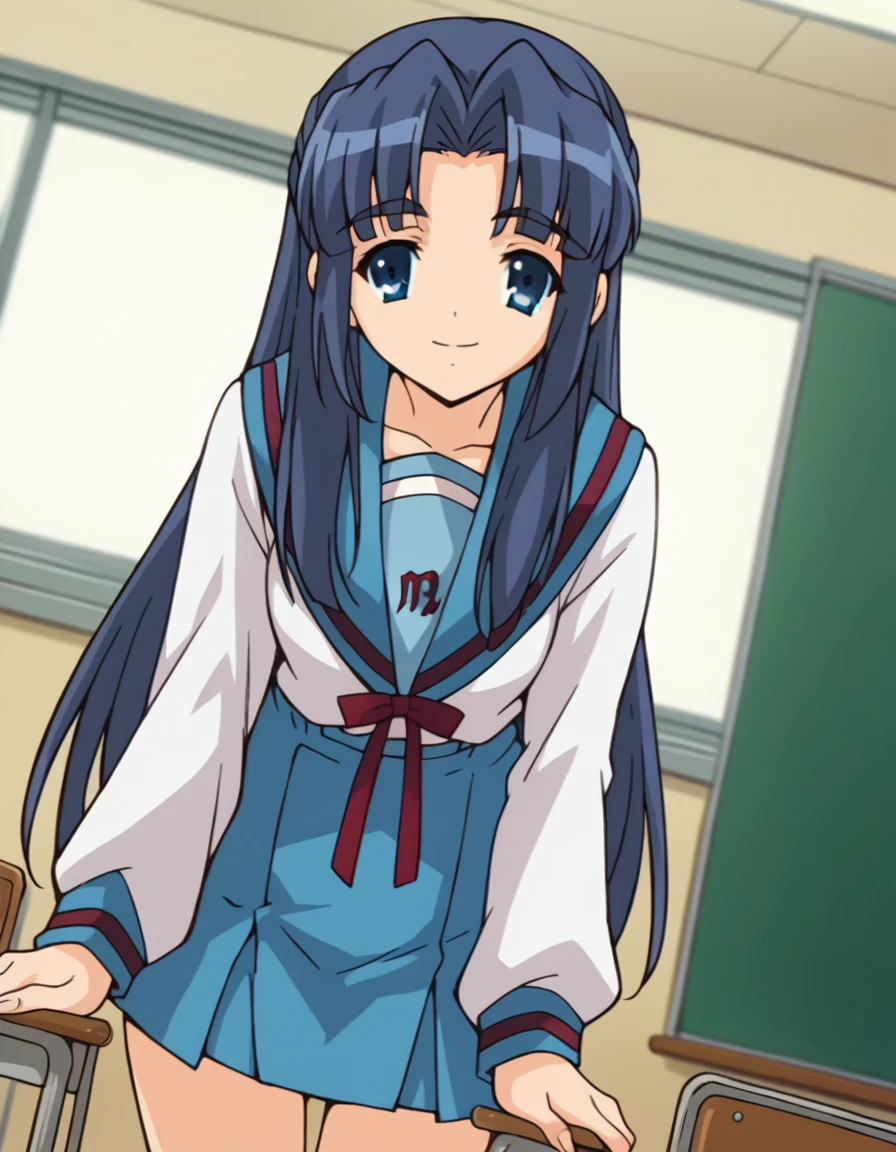 score_9, score_8_up, score_7_up, source_anime,
ryoukoasakura, <lora:ryouko-asakura-s1-ponyxl-lora-nochekaiser:1>,
ryouko asakura, long hair, blue eyes, blue hair, half updo,
skirt, long sleeves, school uniform, serafuku, sailor collar, blue skirt, blue sailor collar, winter uniform, kita high school uniform,
indoors, classroom, bent over, smile,
looking at viewer, dutch angle, cowboy shot, solo,